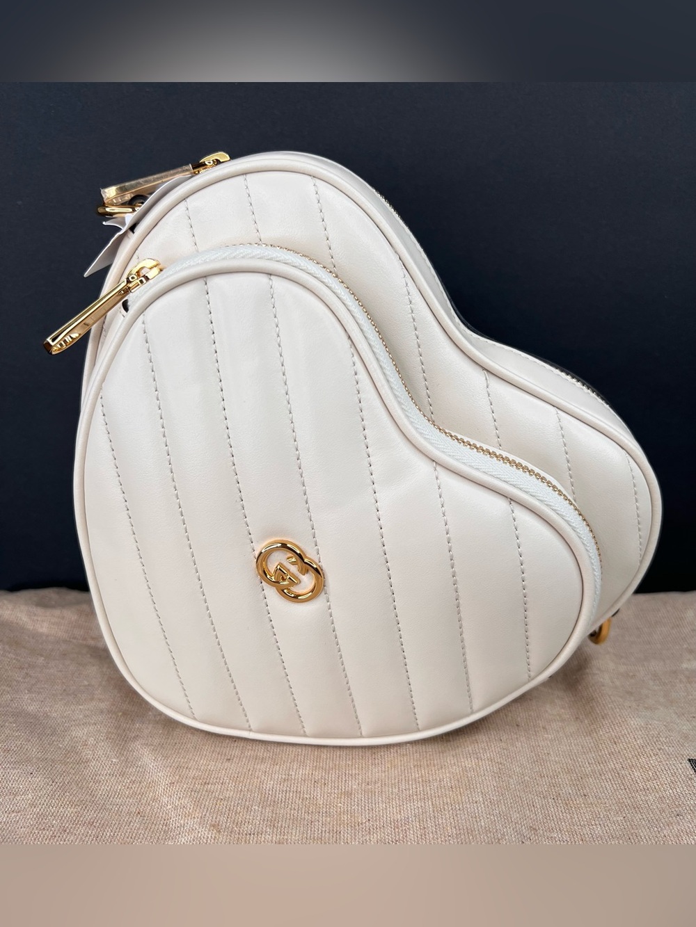 Gucci Interlocking G Heart Love Diagonal Quilted White Leather Logo Shoulder Bag